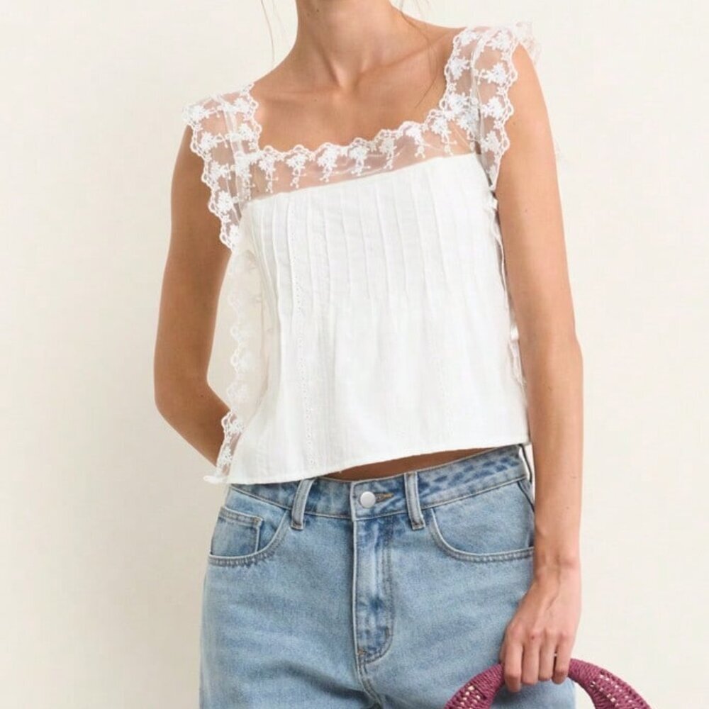 White Romantic Casual Women's Lace Top with Floral Sleeves